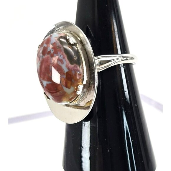 Sterling Silver Jasper Ring Cabachon Stone Hat Style Size 6.75 JJJ3779 - Picture 3 of 10